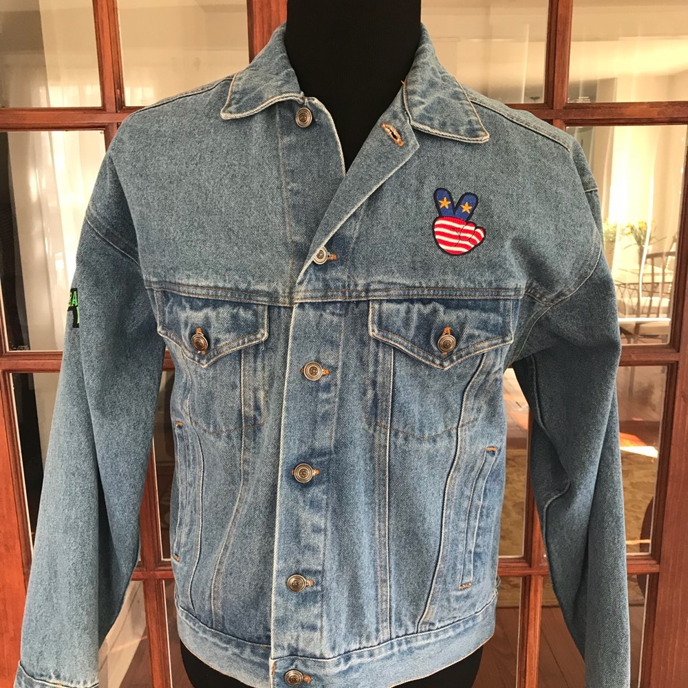 Denim Jacket Peace Smiley Face Flower